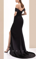 L1579 - Sexy Satin Off-Shoulder Empire With Side Slit Train Party Prom Evening Dress