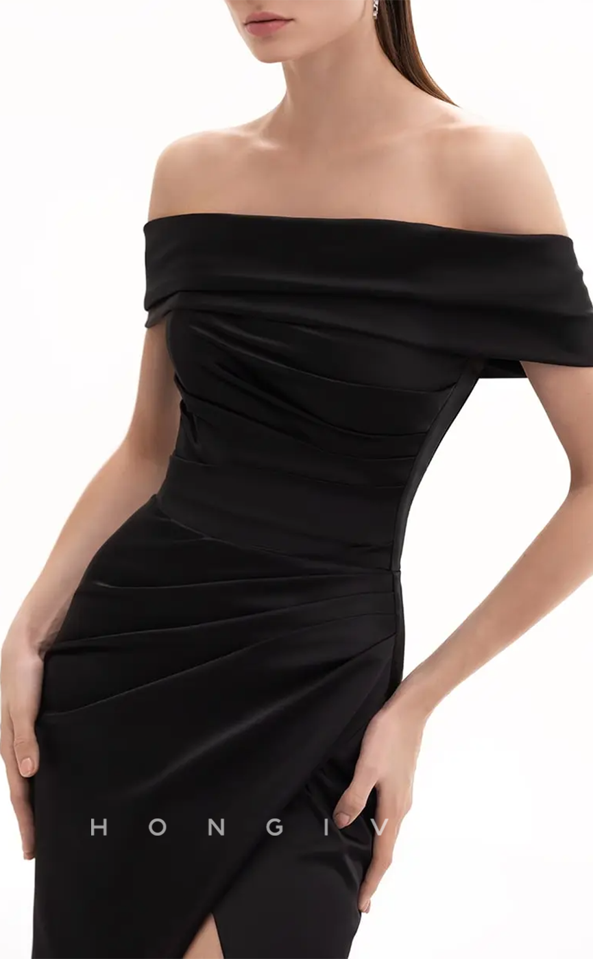 L1579 - Sexy Satin Off-Shoulder Empire With Side Slit Train Party Prom Evening Dress