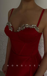 L1584 - Chic Satin Sweetheart Spaghetti Straps Empire With Side Slit Beaded Party Prom Evening Dress