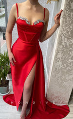 L1584 - Chic Satin Sweetheart Spaghetti Straps Empire With Side Slit Beaded Party Prom Evening Dress