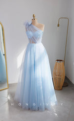 L1587 - Chic Tulle Illusion A-Line One Shoulder Empire With Side Slit Party Prom Evening Dress