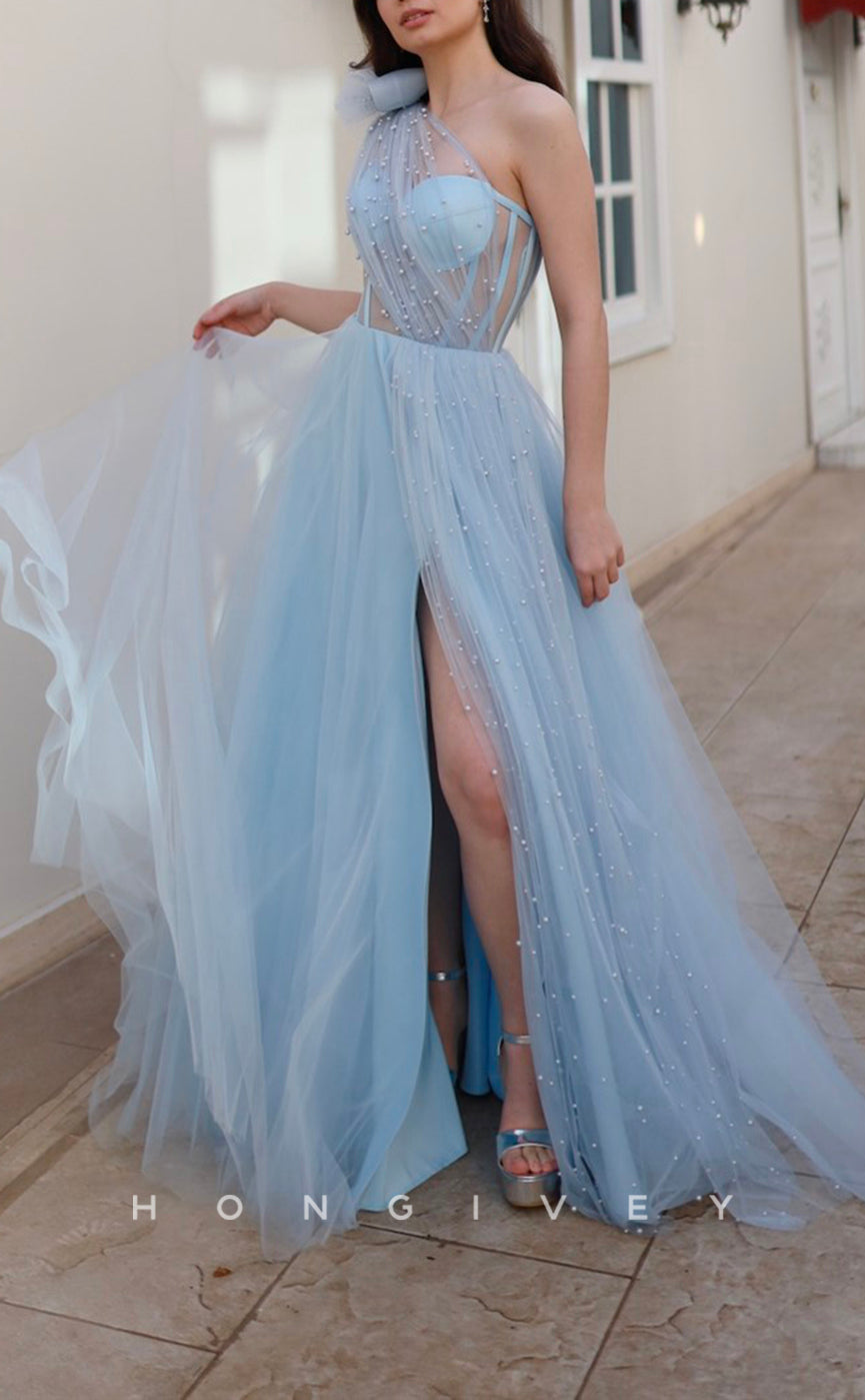 L1587 - Chic Tulle Illusion A-Line One Shoulder Empire With Side Slit Party Prom Evening Dress