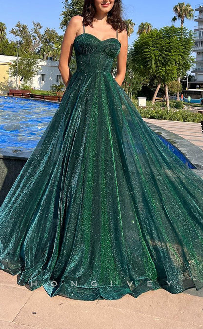 L1588 - Sexy A-Line Glitter Sweetheart Spaghetti Straps Empire Party Prom Evening Dress