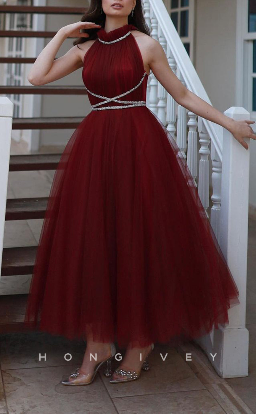 L1589 - Elegant Red A-Line Tulle High Neck Beaded Party Prom Evening Dress