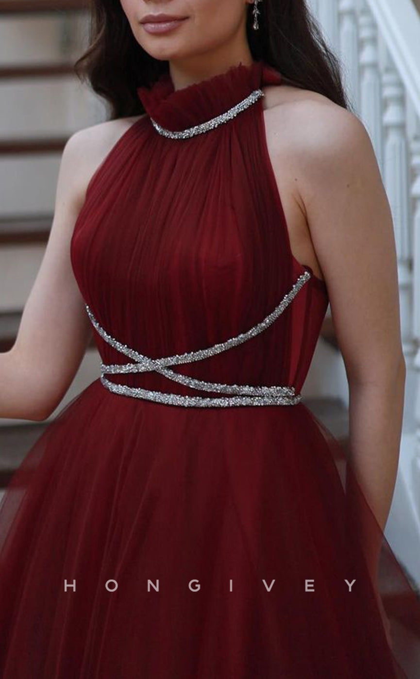 L1589 - Elegant Red A-Line Tulle High Neck Beaded Party Prom Evening Dress