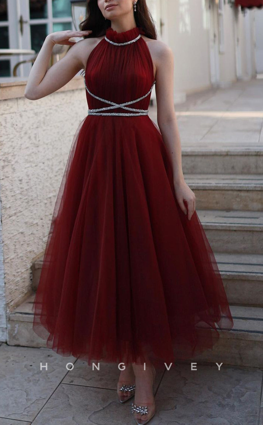 L1589 - Elegant Red A-Line Tulle High Neck Beaded Party Prom Evening Dress