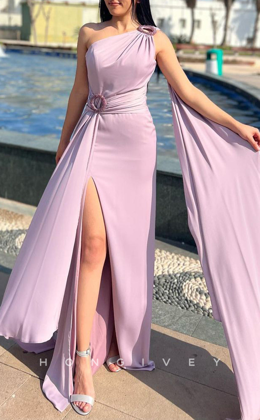 L1592 - Sexy Fitted Satin One Shoulder Belt With Side Slit Train Party Prom Evening Dress