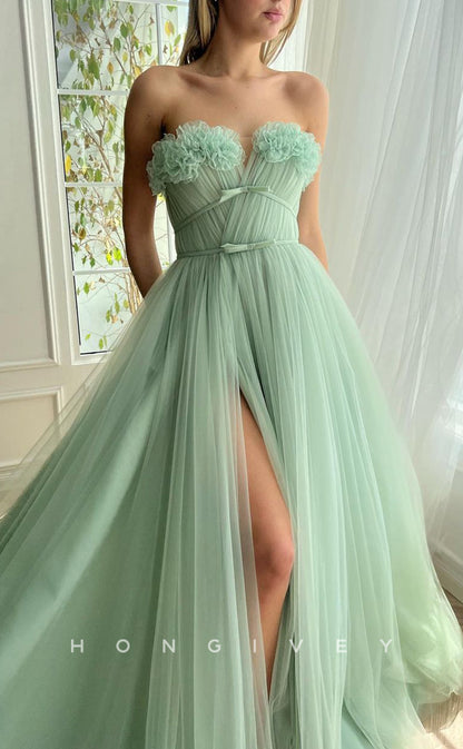 L1596 - Chic A-Line Tulle Strapless Floral Embossed Sleeveless Empire With Side Slit Party Prom Evening Dress