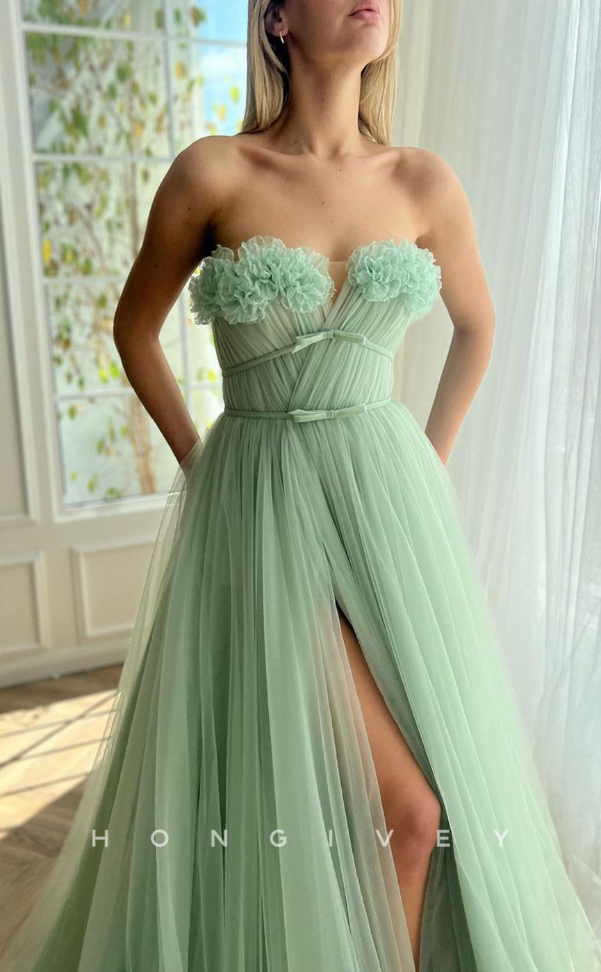 L1596 - Chic A-Line Tulle Strapless Floral Embossed Sleeveless Empire With Side Slit Party Prom Evening Dress