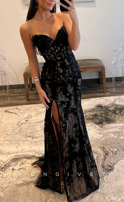 L1601 - Sexy Black Fitted Illusion V-Neck Sleeveless With Side Slit Party Prom Evening Dress