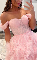 L1604 - Sexy A-Line Tulle Off-Shoulder Illusion Empire With Side Slit Party Prom Evening Dress