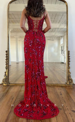 L1608 - Sexy Fitted Satin Glitter Bateau Spaghetti Straps Appliques With Side Slit Party Prom Evening Dress