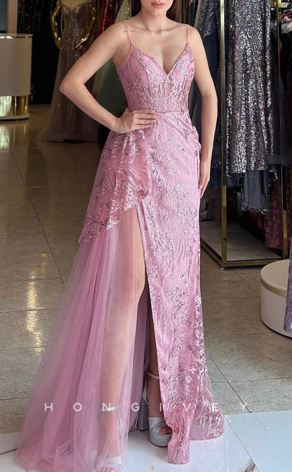 L1611 - Sexy A-Line Glitter V-Neck Spaghetti Straps Empire Appliques Party Prom Evening Dress