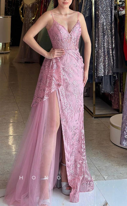 L1611 - Sexy A-Line Glitter V-Neck Spaghetti Straps Empire Appliques Party Prom Evening Dress