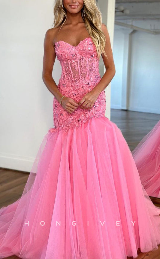 L1617 - Sexy Satin Illusion Sweetheart Sleeveless Appliques With Train Party Prom Evening Dress