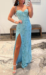 L1619 - Sexy Fitted Satin Glitter Sweetheart Spaghetti Straps Sequined With Side Slit Party Prom Evening Dress