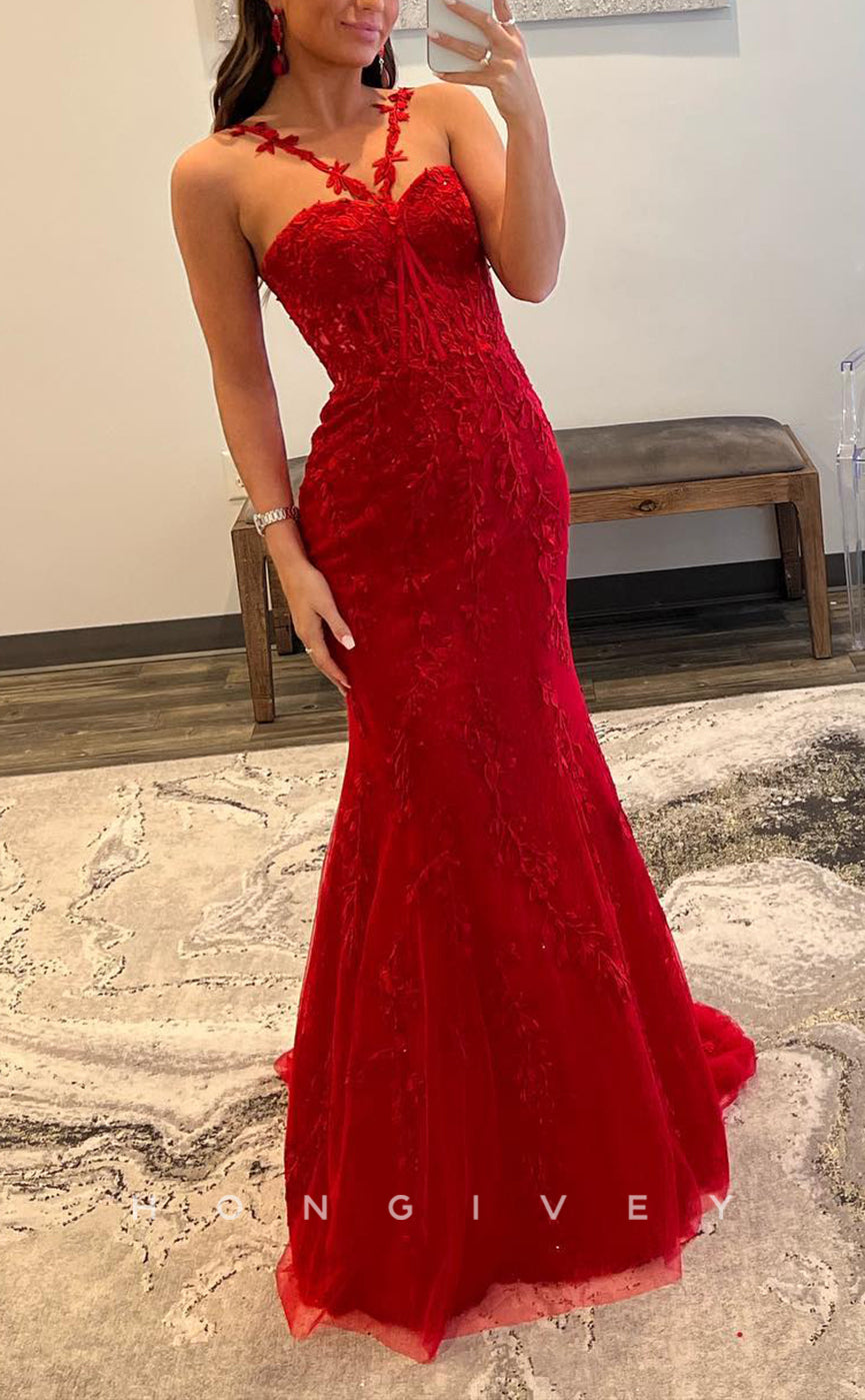 L1621 - Sexy Red Satin Trumpt Halter Sleeveless Empire Appliques Party Prom Evening Dress