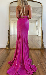 L1624 - Sexy Fitted Glitter Satin V-Neck Spaghetti Straps Appliques With Side Slit Train Party Prom Evening Dress