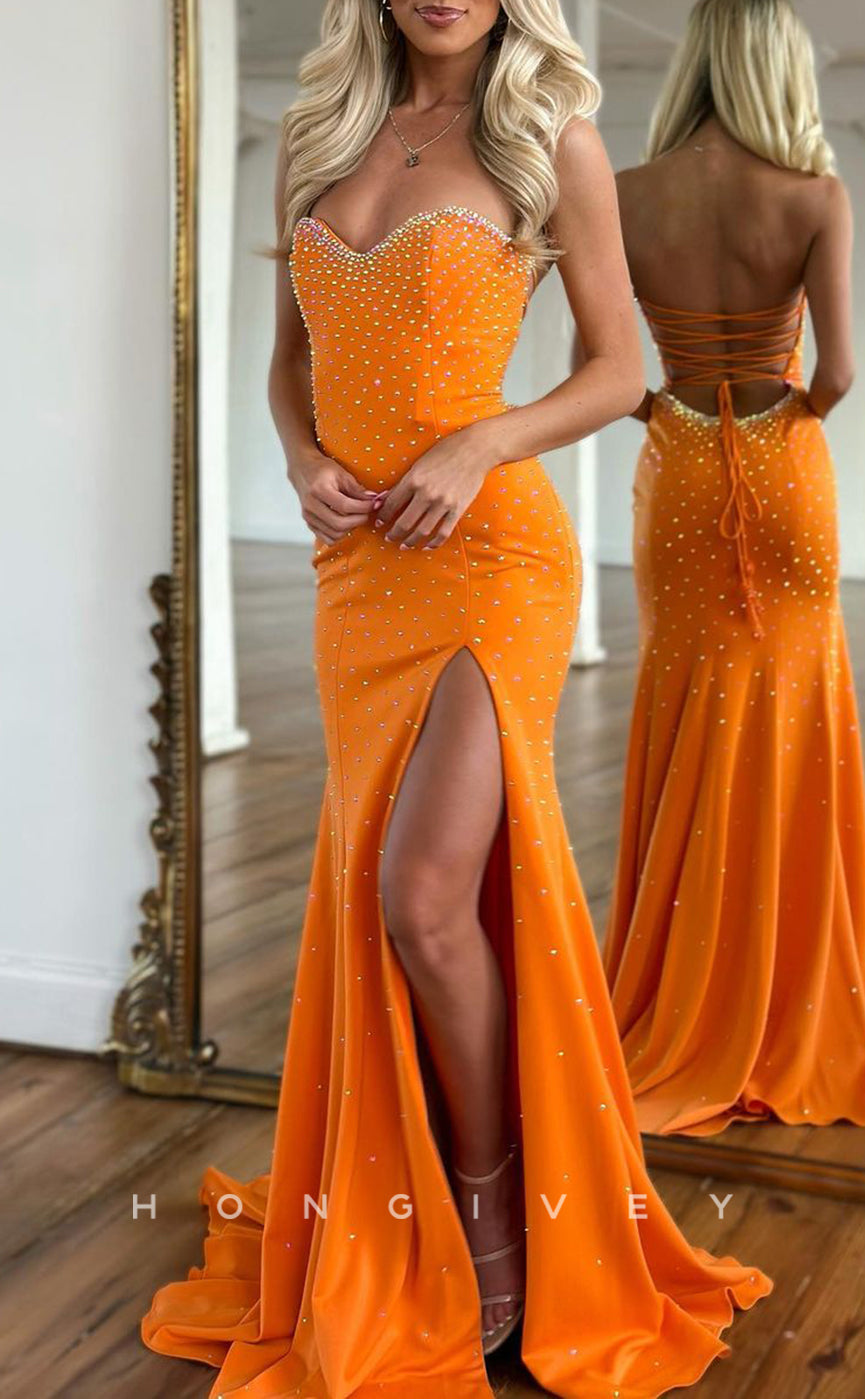 L1625 - Sexy Trumpt Satin Glitter Sweetheart Strapless Sleeveless Fully Beaded With Side Slit Party Prom Evening Dress