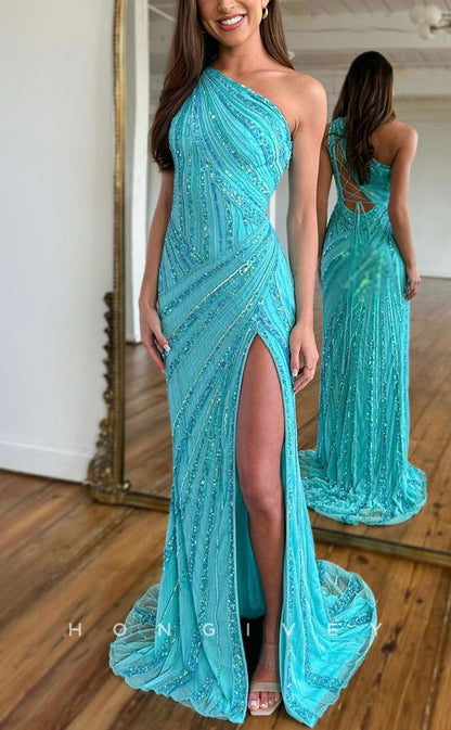 L1627 - Sexy Satin Glitter One Shoulder Fully Sequined With Side Slit Party Prom Evening Dress
