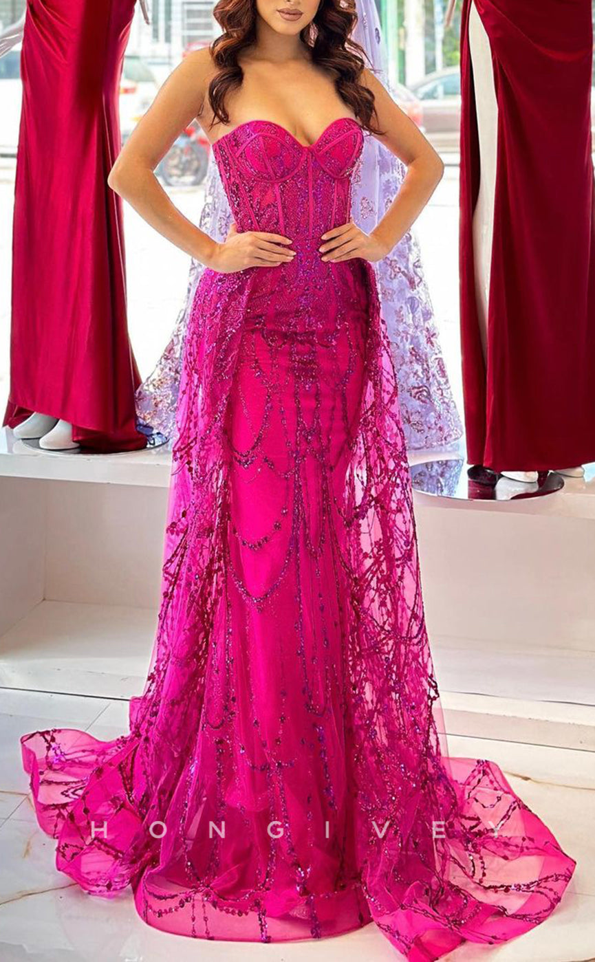 L1635 - Chic Satin Glitter Sweetheart Strapless Sleeveless Sequined With Train Party Prom Evening Dress