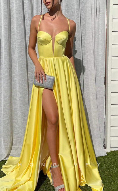 L1638 - Sexy A-Line Satin Plunging Illusion Spaghetti Straps Empire With Side Slit Party Prom Evening Dress
