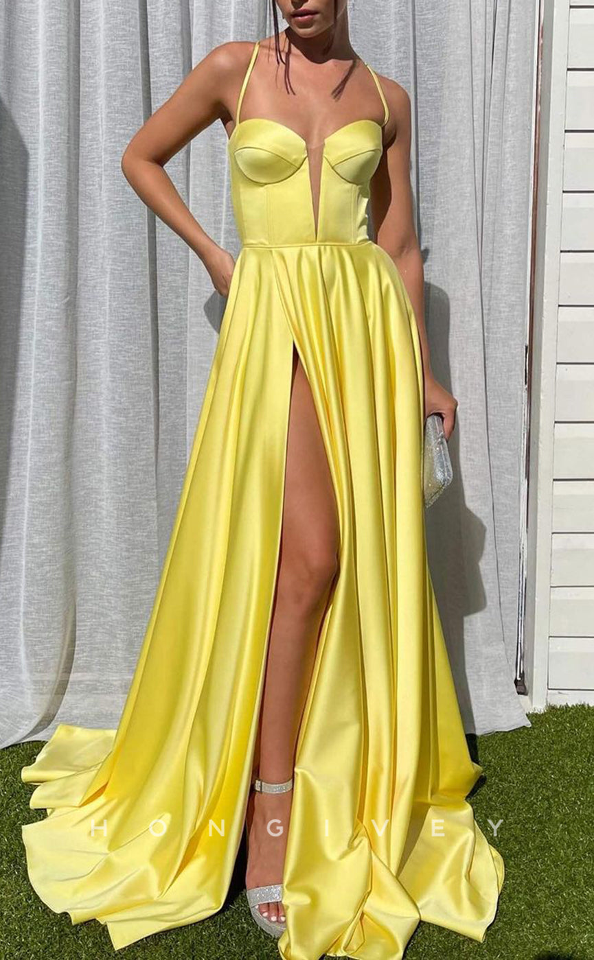 L1638 - Sexy A-Line Satin Plunging Illusion Spaghetti Straps Empire With Side Slit Party Prom Evening Dress