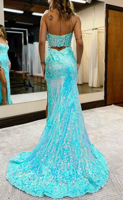L1643 - Sexy Satin Glitter V-Neck Spaghetti Straps Appliques With Side Slit Party Prom Evening Dress