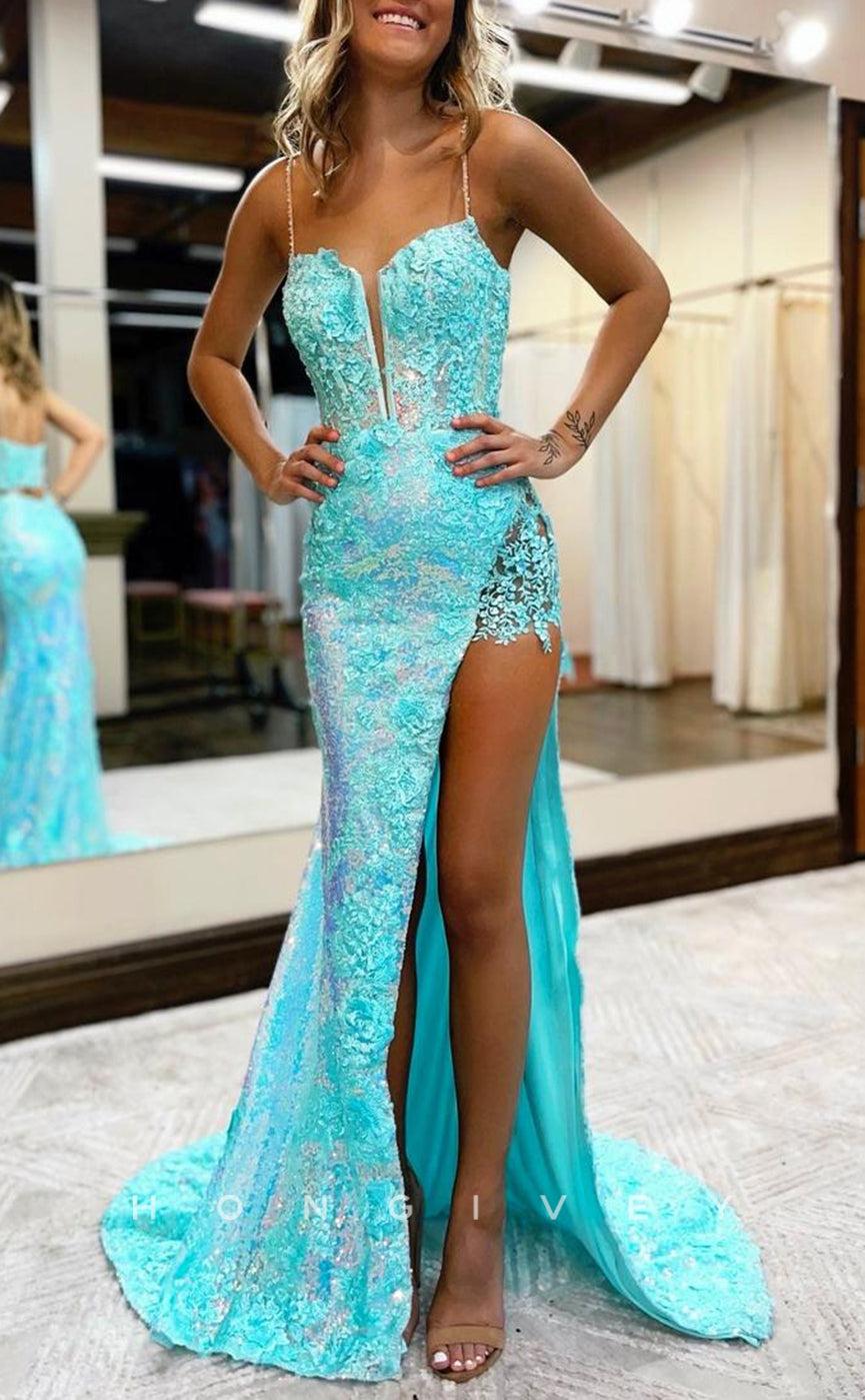 L1643 - Sexy Satin Glitter V-Neck Spaghetti Straps Appliques With Side Slit Party Prom Evening Dress