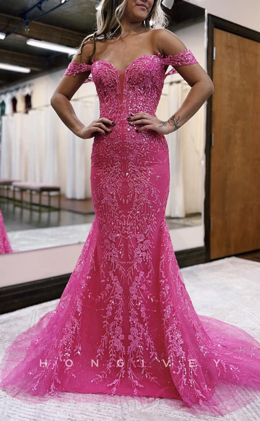 L1646 - Sexy Fitted Glitter Off-Shoulder Appliques With Train Party Prom Evening Dress