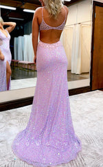 L1647 - Sexy Satin Glitter V-Neck Spaghetti Straps Fully Beaded Illusion With Side Slit Party Prom Evening Dress