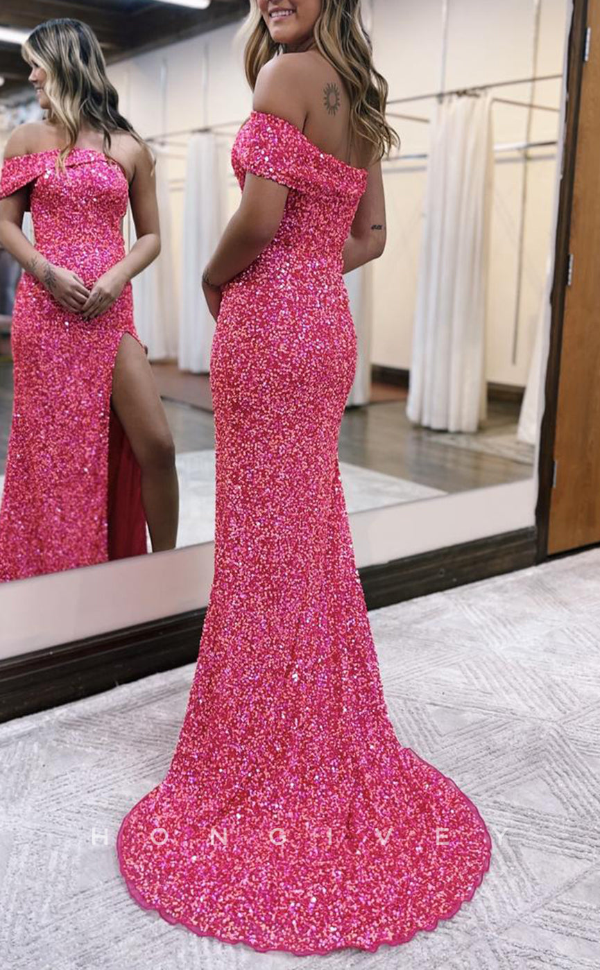 L1648 - Sexy Fitted Glitter One Shoulder Fully Beaded With Side Slit Train Party Prom Evening Dress