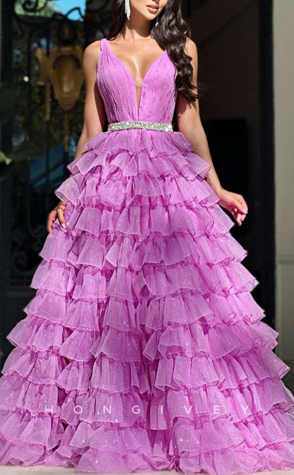 L1650 - SexyA-Line Tulle Plunging  V-Neck Straps Empire Tiered Party Prom Evening Dress