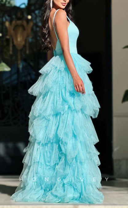L1652 - Sexy A-Line Tulle V-Neck Spaghetti Straps Empire Tiered With Side Slit Party Prom Evening Dress