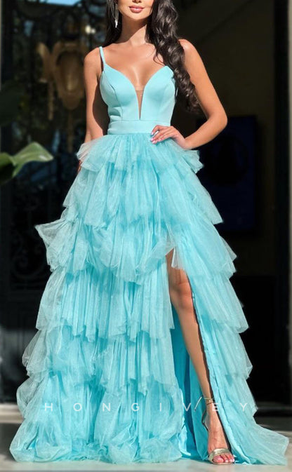 L1652 - Sexy A-Line Tulle V-Neck Spaghetti Straps Empire Tiered With Side Slit Party Prom Evening Dress