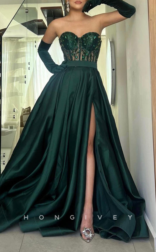 L1658 - Sexy A-Line Satin Illusion Sweetheart Strapless Gloves Empire With Side Slit Party Prom Evening Dress