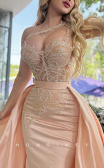 L1659 - Sexy Satin Fitted Illusion Sweetheart One Shoulder With Overskirt Party Prom Evening Dress