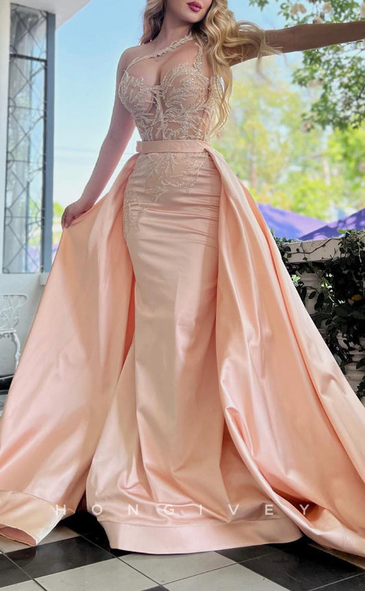 L1659 - Sexy Satin Fitted Illusion Sweetheart One Shoulder With Overskirt Party Prom Evening Dress