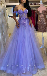 L1660 - Sexy A-Line Illusion Tulle Off-Shoulder Appliques Floral Empire Party Prom Evening Dress