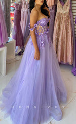 L1660 - Sexy A-Line Illusion Tulle Off-Shoulder Appliques Floral Empire Party Prom Evening Dress