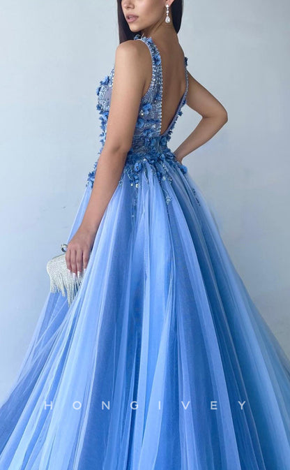 L1667 - Sexy Tulle A-Line V-Neck Illusion Floral Appliqued Empire Sleeveless Party Prom Evening Dress