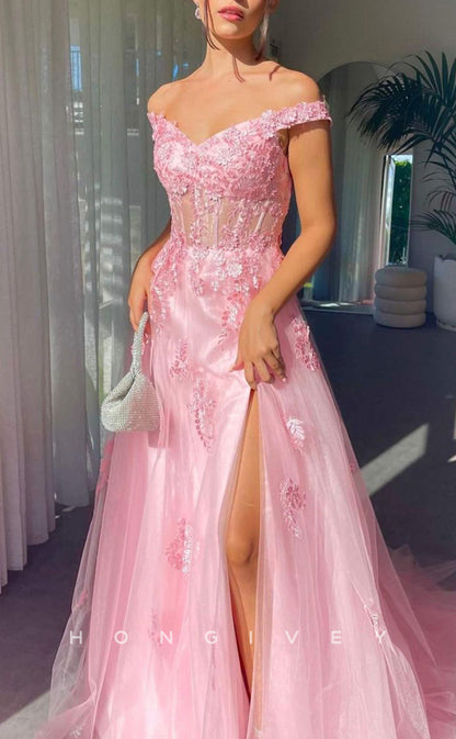 L1668 - Sexy A-Line Tulle Off-Shoulder Illusion Empire Appliques With Side Slit Party Prom Evening Dress