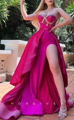 L1670 - Sexy A-Line Satin Sweetheart Strapless Empire With Side Slit Train Party Prom Evening Dress