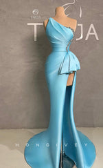 L1676 - Sexy Fitted Satin One Shouldre Empire With Side Slit Train Party Prom Evening Dress