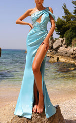 L1677 - Sexy Fitted Satin One Shoulder Empire Ruched With High Slit Beaded Party Prom Evening Dress