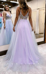 L1682 - Sexy Tulle A-Line V-Neck Spaghetti Straps Empire Floral With Side Slit Party Prom Evening Dress