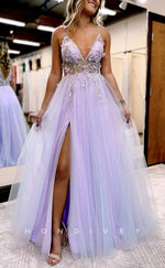 L1682 - Sexy Tulle A-Line V-Neck Spaghetti Straps Empire Floral With Side Slit Party Prom Evening Dress