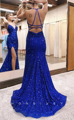 L1688 - Sexy Trumpt Satin Glitter V-Neck Spaghetti Straps Fully Sequined With Side Slit Party Prom Evening Dress