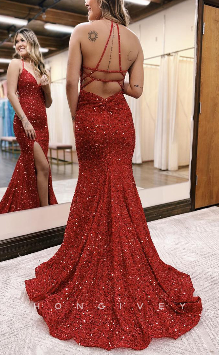 L1688 - Sexy Trumpt Satin Glitter V-Neck Spaghetti Straps Fully Sequined With Side Slit Party Prom Evening Dress