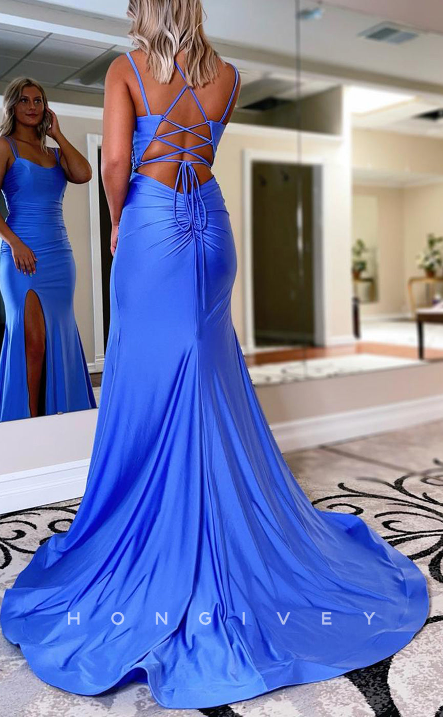 L1690 - Sexy Satin Trumpt Bateau Spaghetti Straps Empire With Side Slit Train Party Prom Evening Dress